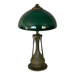 1910s Art Nouveau, Organic Design, Lamp With Large Cased Green Glass Shade, Tall and Special!