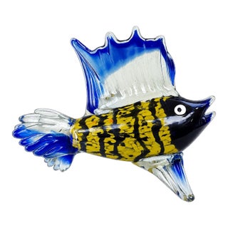 Late 20th Century Handblown Art Glass Tropical Fish Sculpture With Gold Aventurine Inclusions, Cobalt Blue & Yellow For Sale