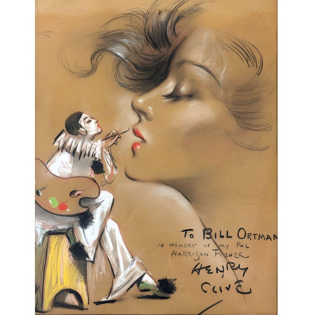 Original Pastel Portrait on Paper featuring a harlequin painting a female face in memory of friend Harrison Fisher by...