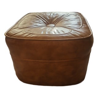 Vintage MCM Brown Hassock Faux Leather Square Footstool For Sale