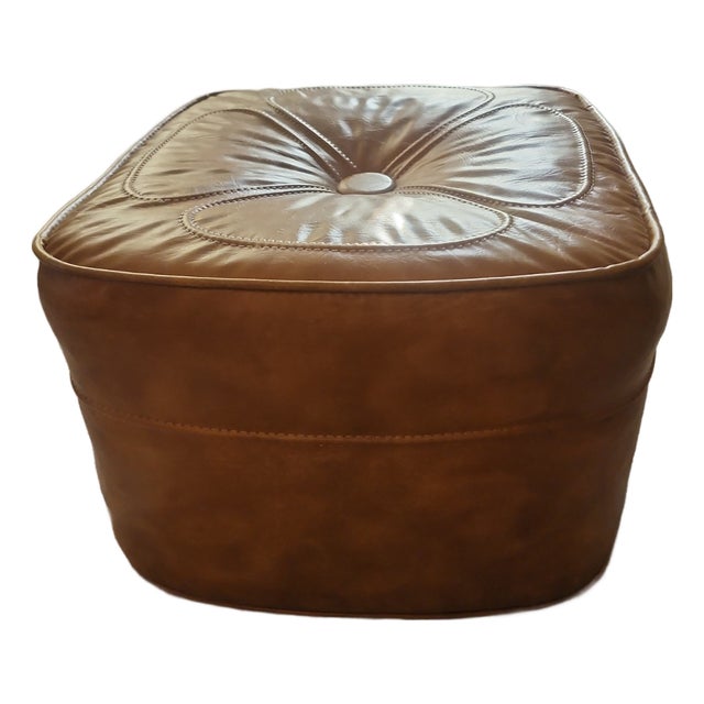 Vintage MCM Brown Hassock Faux Leather Square Footstool For Sale