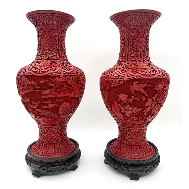 Unique Chinese Carved Cinnabar Vase, Same Shape, Different Decoration - a Pair For Sale In West Palm - Image 6 of 12