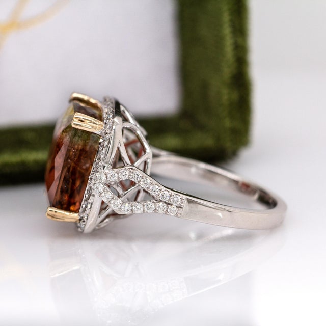 Metal 11cts Bi-Color Tourmaline Ring With Natural Diamond Halo in 14k Solid Dual Gold For Sale - Image 7 of 9
