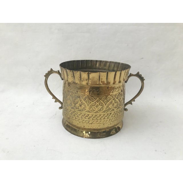 Vintage Mid Century Hand Etched Brass Copper Bottom Planter Wine Cooler with Large Handles, pie crust edge, some patina.