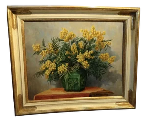 Mimosa in a Pottery Vase, Oil on Canvas, Framed