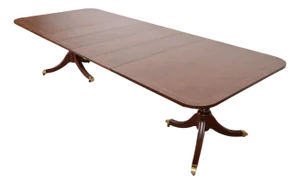 Kindel Furniture Georgian Banded Mahogany Double Pedestal Extension Dining Table, Newly Refinished