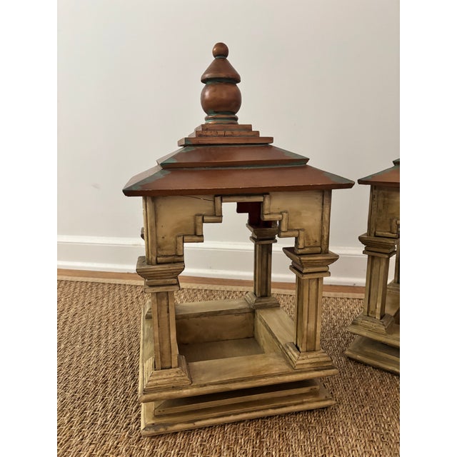 Asian Vintage Asian-Inspired Pagoda Lantern Stands With Distressed Finish and Faux Verdi Gris Copper Roofs, a Pair For Sale - Image 3 of 11