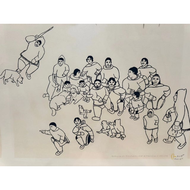 Original Inuit stencil print titled Gathering for Feast, created by Hannah Kigusiuq in 1978. The composition depicts a...