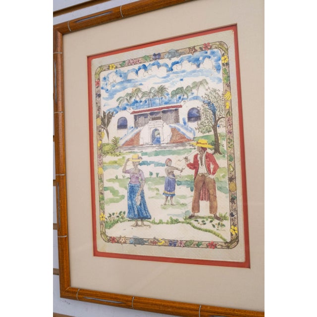 Traditional Caribbean Watercolor Tropical Plantation Scene Painting Signed Fenn For Sale - Image 3 of 8