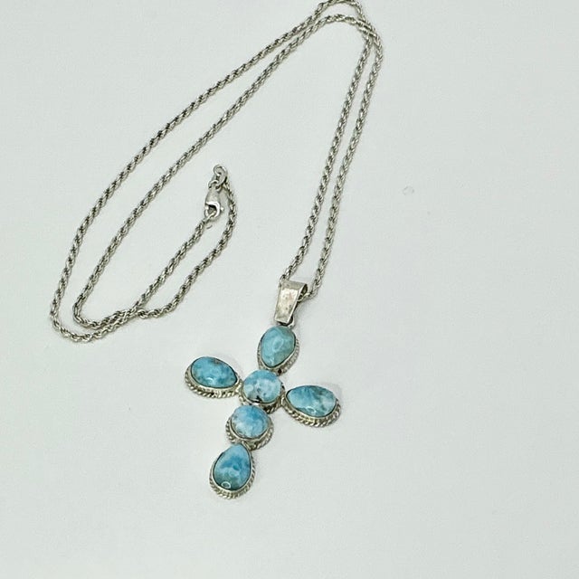 1970s Vintage Southwestern Boho Chic Religious Blue Larimar & Sterling Cross Pendant Necklace - 23” For Sale - Image 11 of 15