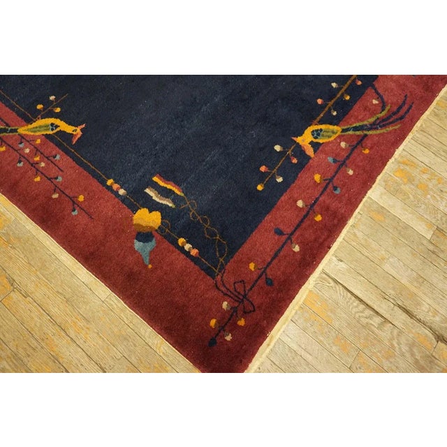 1920s Blue Navy Minimalist Bird Antique Chinese Art Deco Carpet 6' X 8'9" Knotted Wool Rug For Sale In New York - Image 6 of 12