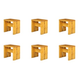 Pine Wood Stools attributed to Charlotte Perriand for Les Arcs, France, 1960s, Set of 6 For Sale