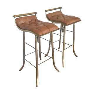 Leather and Brass Barstools - A Pair For Sale