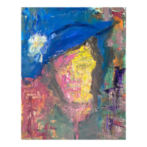 Vintage Whimsical Abstracted Portrait of a Woman in Blue Hat by Murat Kaboulov 1939-2010