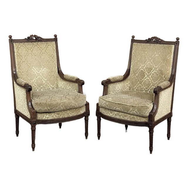 Pair of 19th Century French Louis XVI Walnut Armchairs ~ Bergeres For Sale