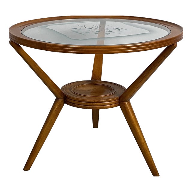 Mid-Century Modern Italian Coffee Table in Wood and Decorated Glass, 1950s For Sale