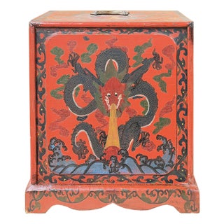 Vintage Distressed Chinese Red Dragon Graphic Drawers Chest For Sale