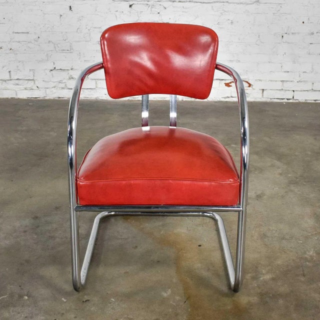 Art Deco Streamline Modern Bauhaus Accent Chair Cantilever Chrome & Red Vinyl Attributed to Kem Weber for Lloyd’s Manufacturing For Sale - Image 13 of 13