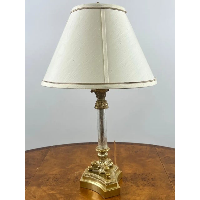Glass Vintage Empire Style Brass Fluted Crystal Column Table Lamp 1970's , a Pair For Sale - Image 7 of 11