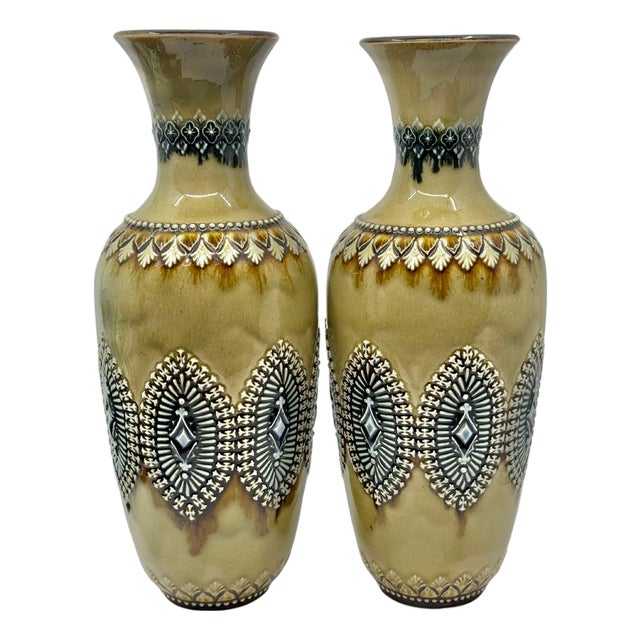 Pair of Doulton Lambeth Salt Glazed Decorated Vases 1884 For Sale