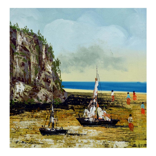 Gorgeous mid century oil on canvas painting of boats on the beach by Henry Harder (American, 20th c.), circa 1960. Signed...