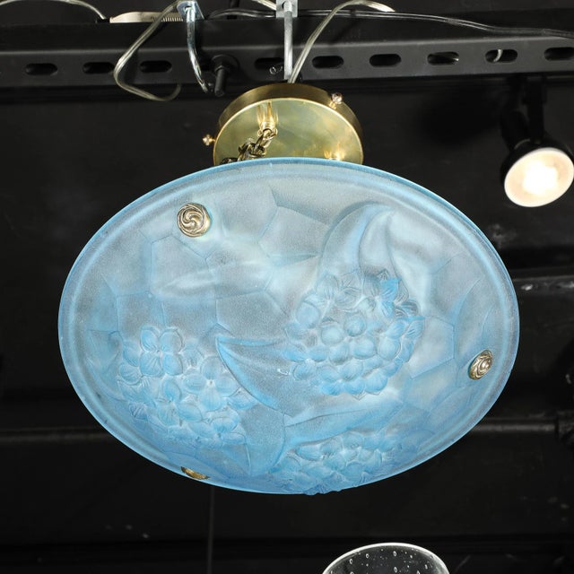 Art Deco Frosted Blue Glass Chandelier W/ Brass Fittings Signed Roc by Degué For Sale - Image 11 of 12
