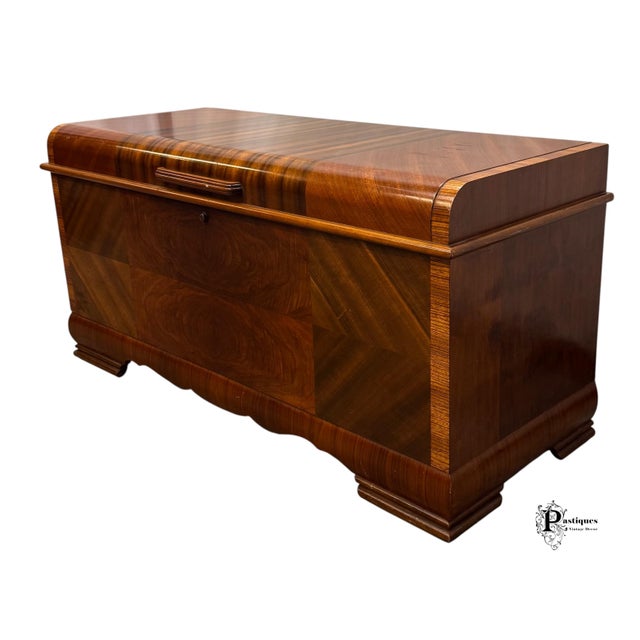 Mid-Century Modern Vintage Lane Art Deco Style Mahogany & Burlwood Cedar Lined Trunk / Blanket Chest For Sale - Image 3 of 12