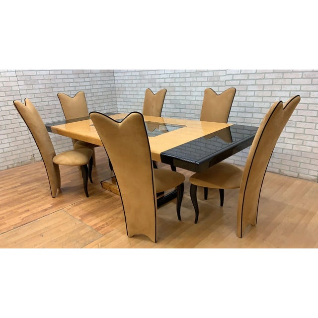 Vintage Italian Art Deco Rectangular Glass Center Birdseye Maple and Black Lacquer Extending Dining Table with 6 High Back...