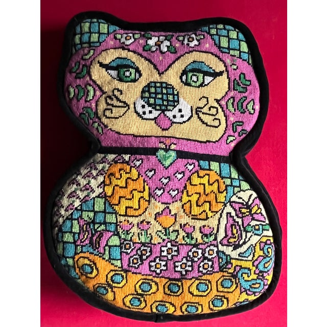 Mid-Century Modern Needlepoint Pillow of a Mod Pussy Cat For Sale - Image 4 of 9