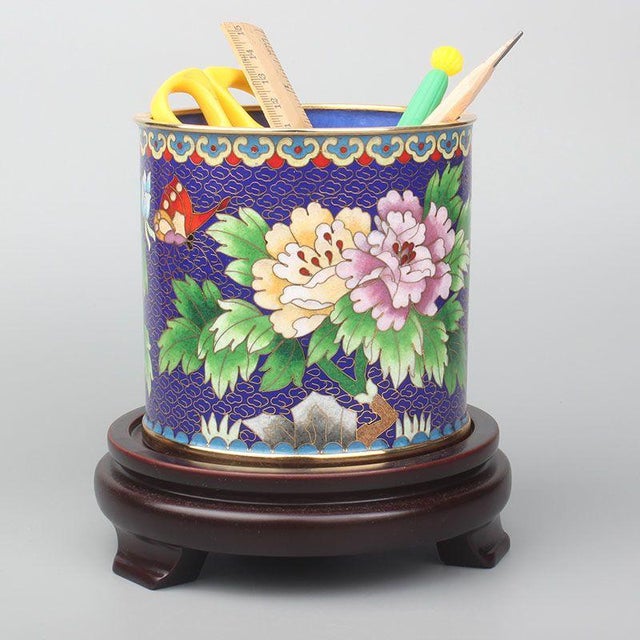 This is an elegant vintage cloisonné enamel brush pot , a classic scholar's desk accessory, complete with a fitted wooden...