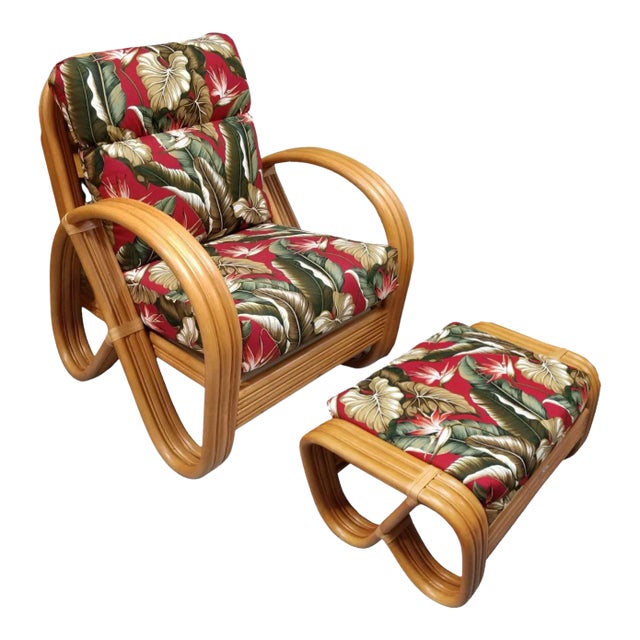 Rattan Mid-Century 3-Strand Pretzel Lounge Chair and Ottoman For Sale