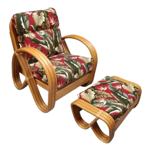 Rattan Mid-Century 3-Strand Pretzel Lounge Chair and Ottoman