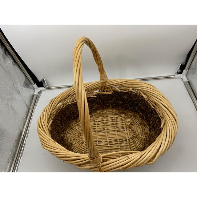 Vintage Oval Natural Wicker Gathering Basket With Handle, Moss Decoration For Sale - Image 12 of 15