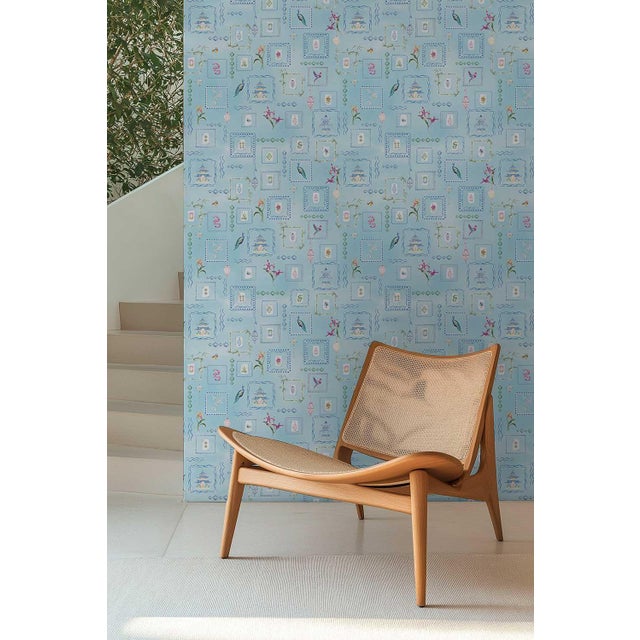 Mahjong Tile Grasscloth Wallpaper by House Party | Bam Blue | 8 Yards For Sale In Charlotte - Image 6 of 8