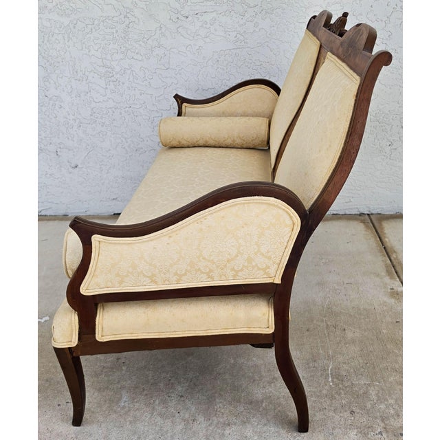 Antique Edwardian Inlaid Mythical Griffin Mahogany Double-Chair-Back Settee For Sale - Image 4 of 12