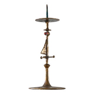 Brutalist Anthropomorphic Candleholder in Bronze and Enamel by Zoltán Pap, 1970s For Sale