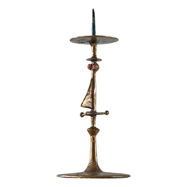 Brutalist Anthropomorphic Candleholder in Bronze and Enamel by Zoltán Pap, 1970s For Sale
