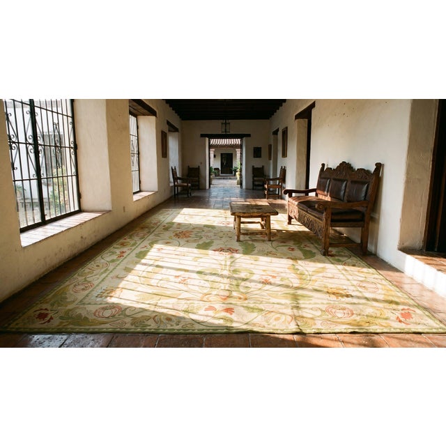 Textile 1930s Beige Foliate Antique Portuguese Arraiolos Needlepoint Rug 14'2" X 23' Handmade Wool Carpet For Sale - Image 7 of 9
