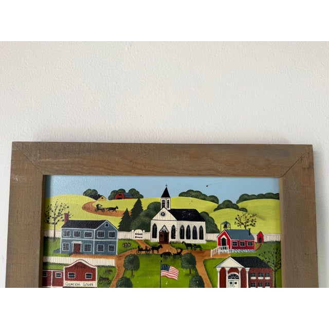 1985 Nancy Lucek Folk Art Village Landscape Oil Painting on Canvas, Framed For Sale - Image 11 of 12
