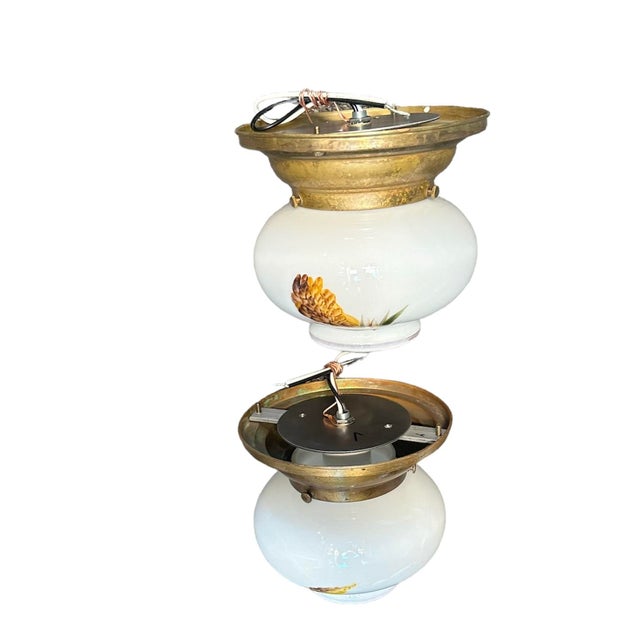 Pair of Painted Acorns and Thistles Motif on Brass Ceiling Lights Circa 1950 For Sale - Image 4 of 6