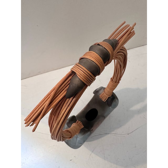 Signed Sculptural Raku Vessel With Woven Handle For Sale - Image 9 of 11
