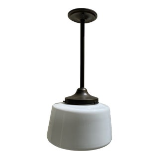 1920s Vintage Large School House Shade With Dark Brass Pendant Fixture For Sale