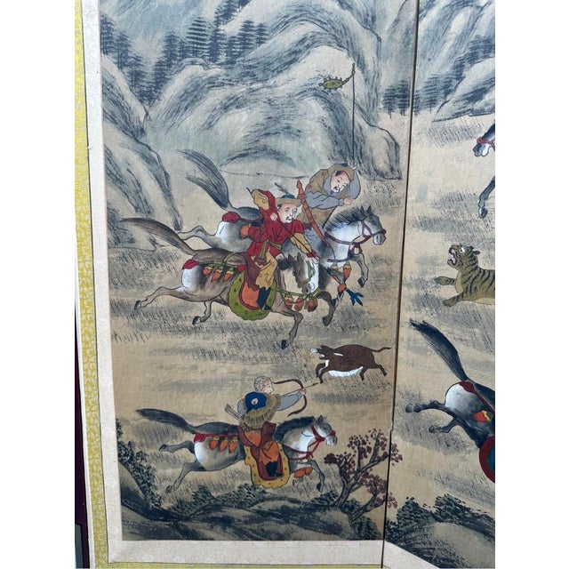 Early 19th Century Korean Joseon Period Four-Panel Folding Screen With Tiger Hunt and Calligraphy, For Sale - Image 5 of 18