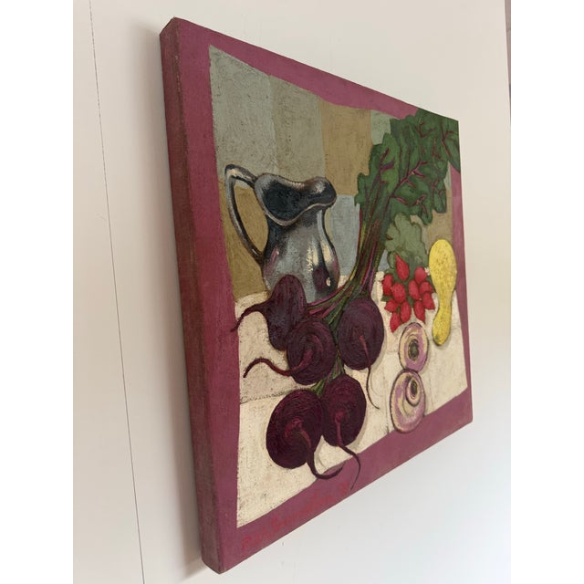 This is a vibrant still life with beets, radishes, mushrooms, and squash. The colors and composition are playful and...