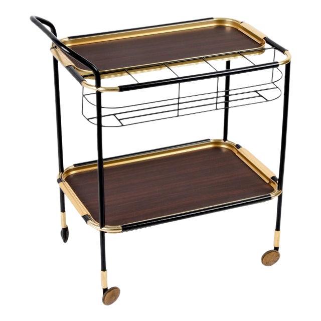 Mid-Century Mahogany Bar Cart with Trays and Bottle Holder by Ico Parisi, 1960s For Sale