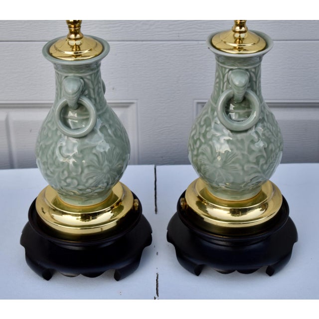 Vintage Celadon Porcelain Table Lamps Pair Mid Century Chinese Vase Style For Sale - Image 12 of 16