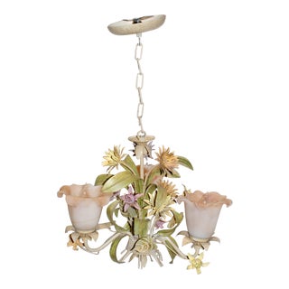 Mid-Century Three-Light Polychrome Tole Chandelier For Sale