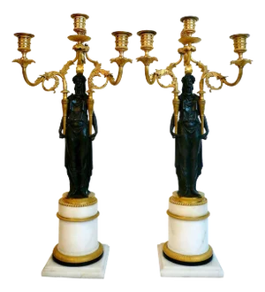 Pair French Directoire Bronze and Marble Neo-Classical Figural Candelabra