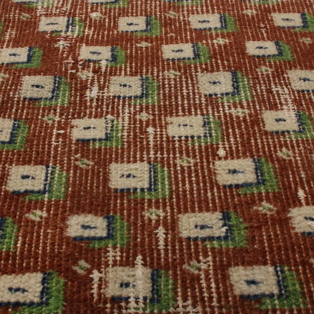 Vintage Mid-Century Red and Brown Wool Runner With Green Geometrics For Sale - Image 4 of 6