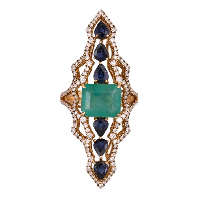 Set in 18k Gold, 3.99 Carats Emerald, Blue Sapphires & Diamonds Cocktail Ring, Us Size 7 For Sale